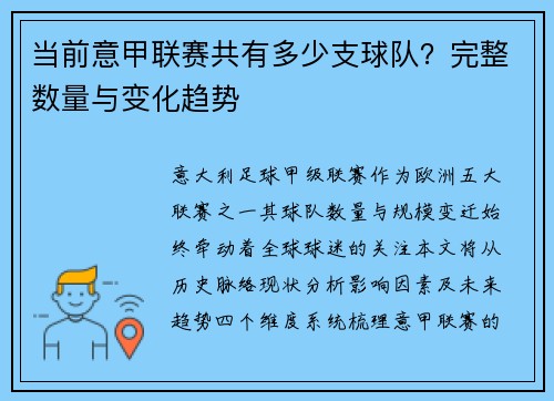 当前意甲联赛共有多少支球队？完整数量与变化趋势