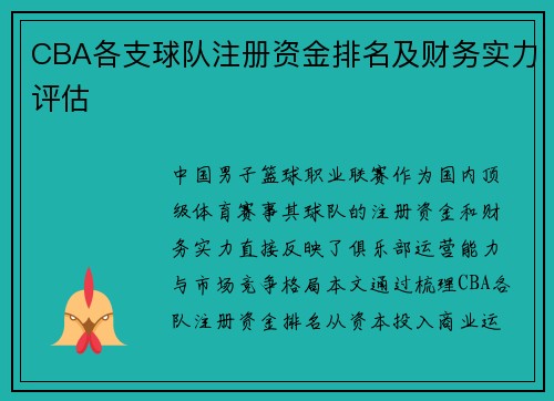 CBA各支球队注册资金排名及财务实力评估