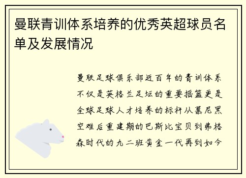 曼联青训体系培养的优秀英超球员名单及发展情况